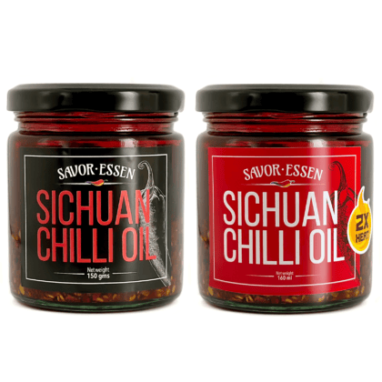 Savor Essen Sichuan Chili Oil Combo - Regular + 2X | Spicy Sichuan Flavor, Perfect for Enhancing Asian Cuisine, Vegan and Gluten-Free, Made with Premium Ingredients